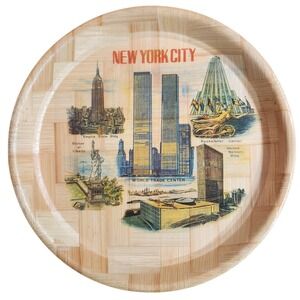 Vintage Twin Towers New York‎ City Souvenir Tray Woven Bamboo World Trade Center